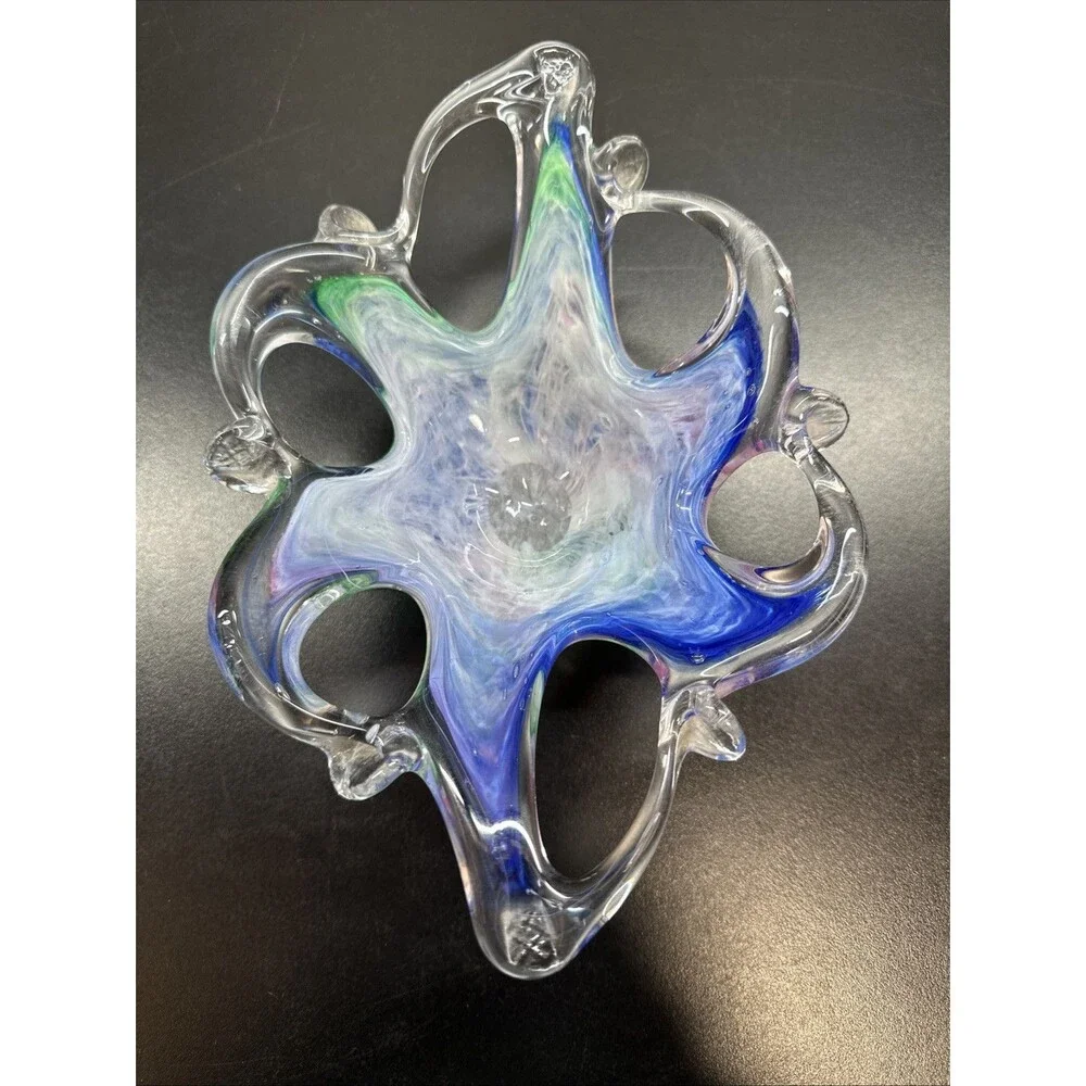 Art Glass Lace Edge Bowl Dish Sunburst Starfish Rainbow Swirl 8.5” Murano Style